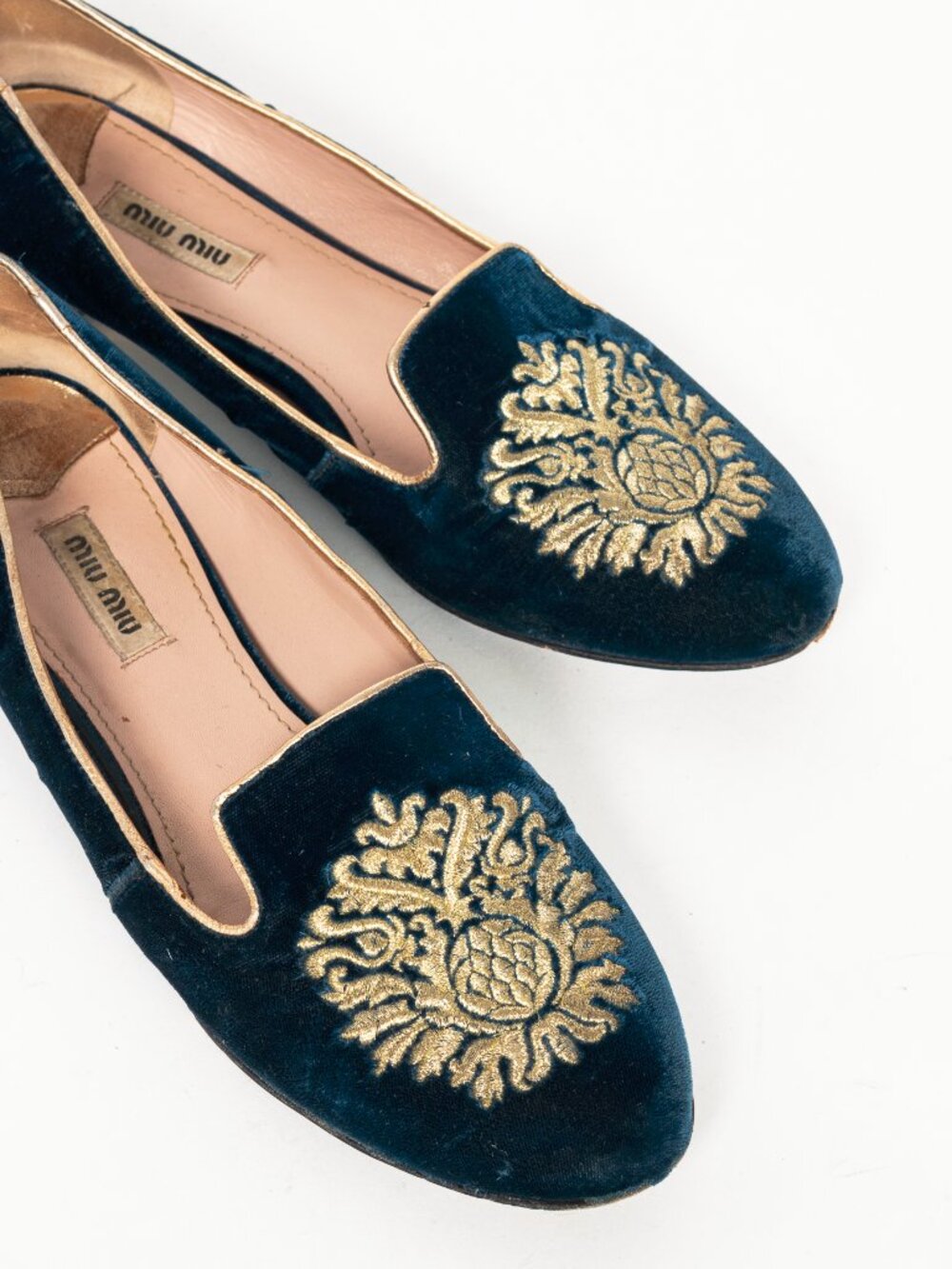 Miu Miu PF12 Blue Velvet Embroidered Crystal-Heel Loafers - Picture 6 of 9